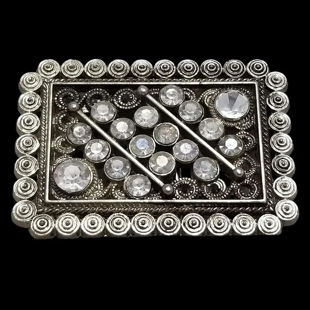 VTG‎ Belt Buckle Women Abstract Silver Color Clear Rhinestones Victorian Western